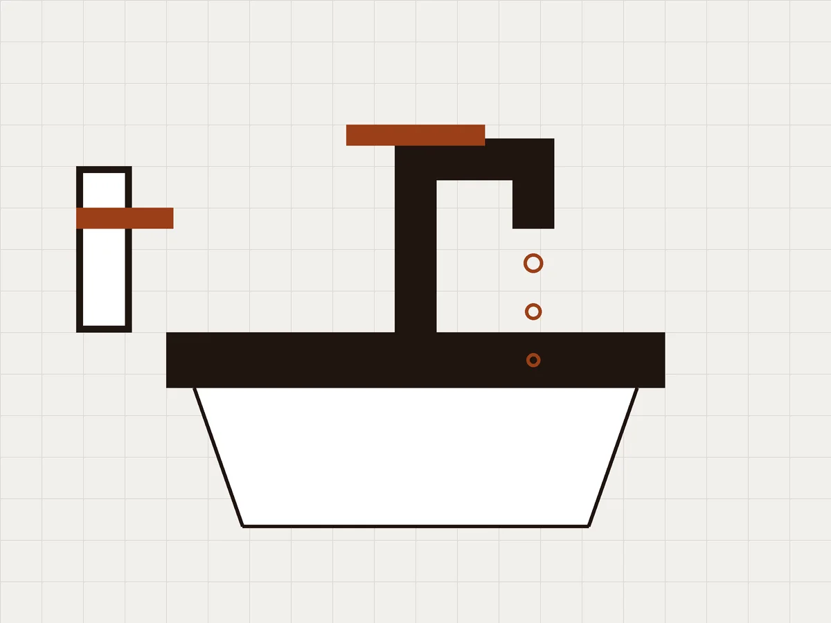 Drawn diagram of a basin, a tap with falling drops and a flush handle